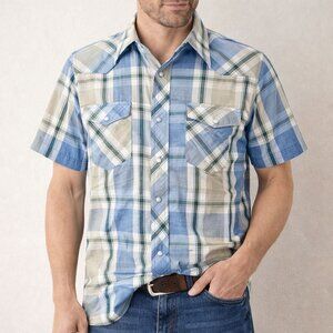 Wrangler Mens Western Fashion Snap Shirts Short Sleeve Gray Blue Plaid Size M